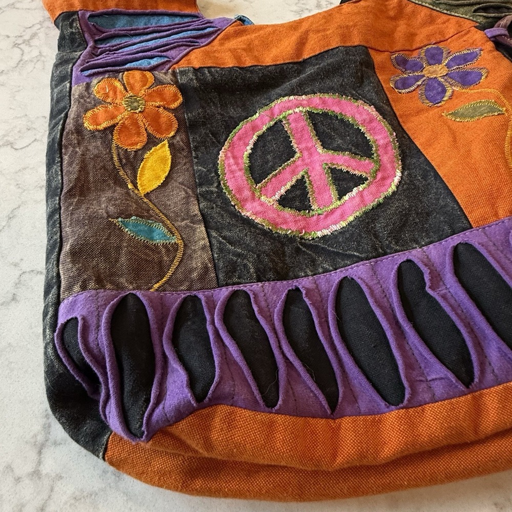 Patchwork Bag Peace Love Hippie Boho 100% Cotton Made in Nepal Zip-Close Festiva View 2